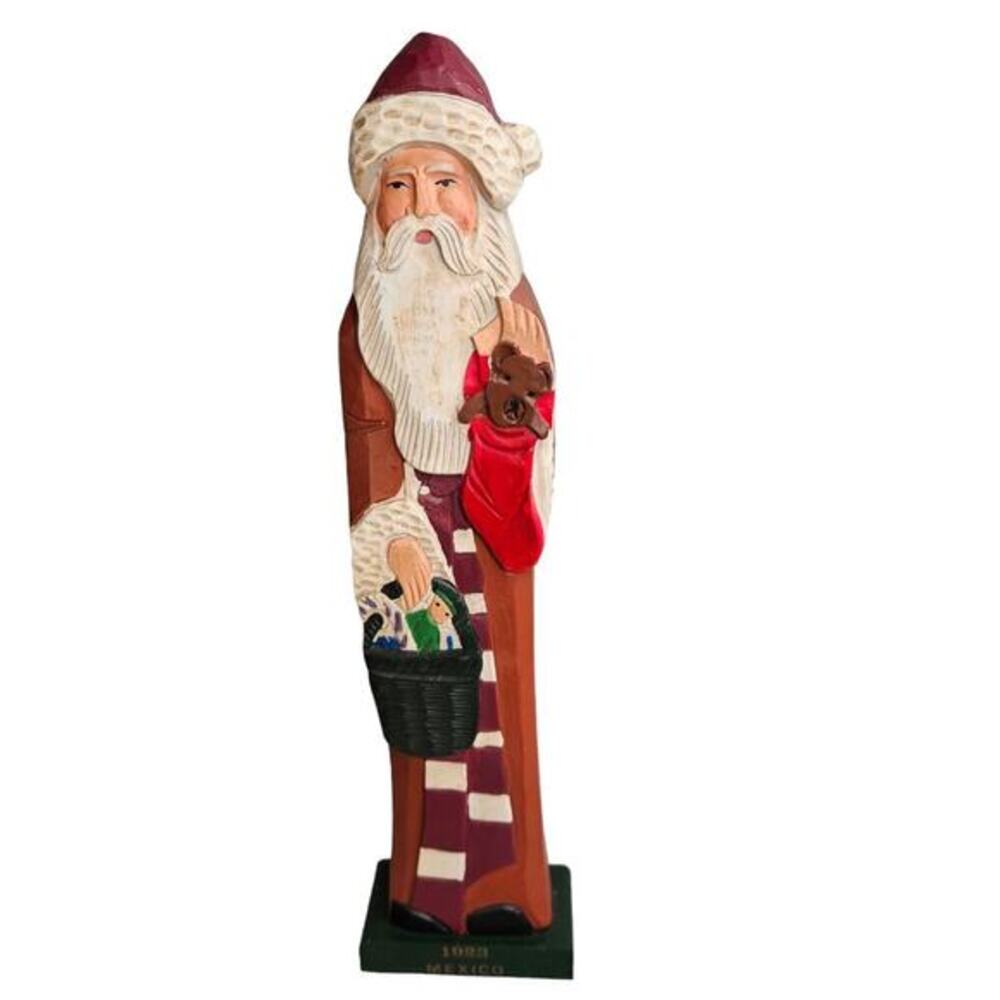 Carved Wood Santa Claus Tall Folkart Xmas‎ Mexico Handpainted Mercuries 1994 Vtg